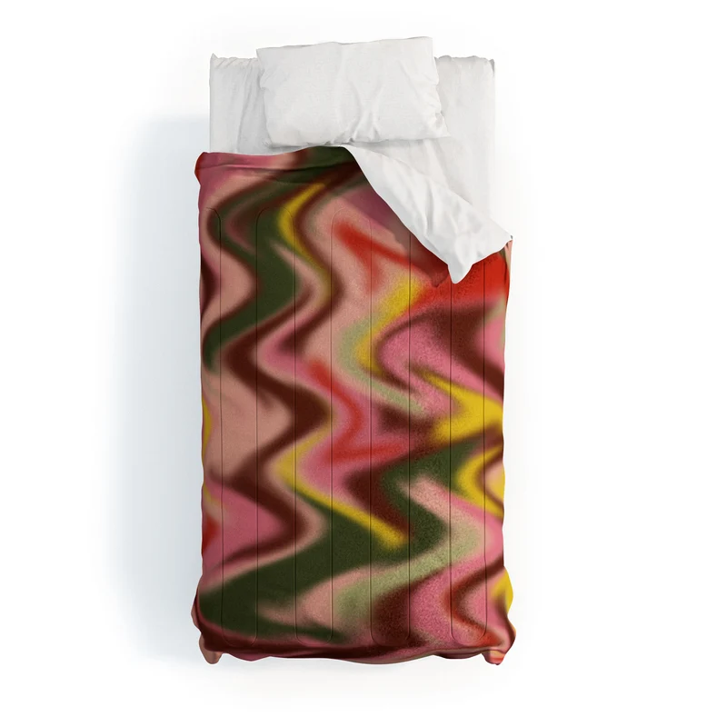 Groovy Abstract Waves in Pink Green Yellow and Red Comforter