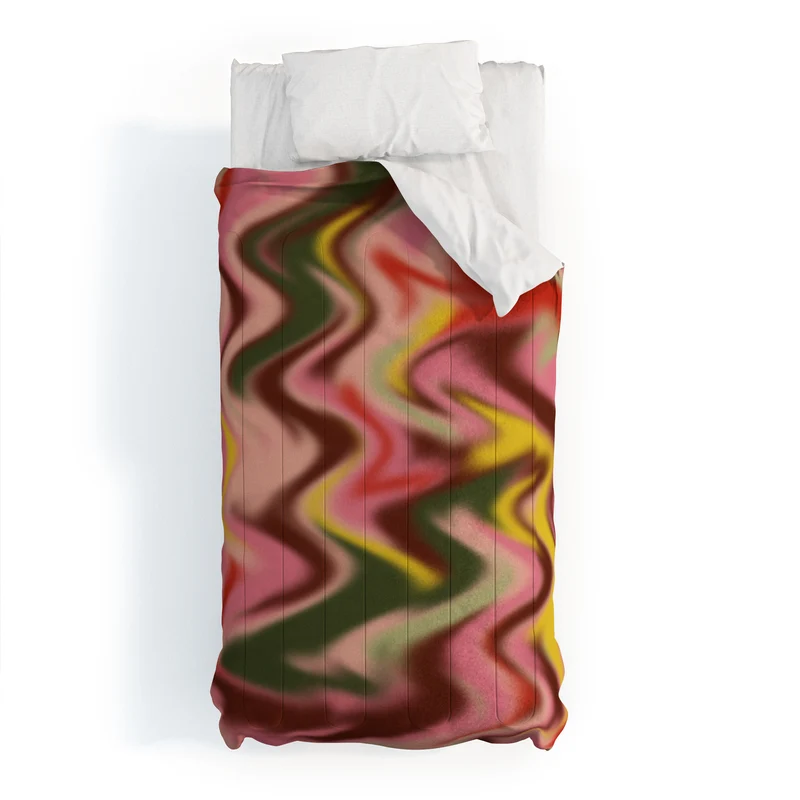 Groovy Abstract Waves in Pink Green Yellow and Red Comforter