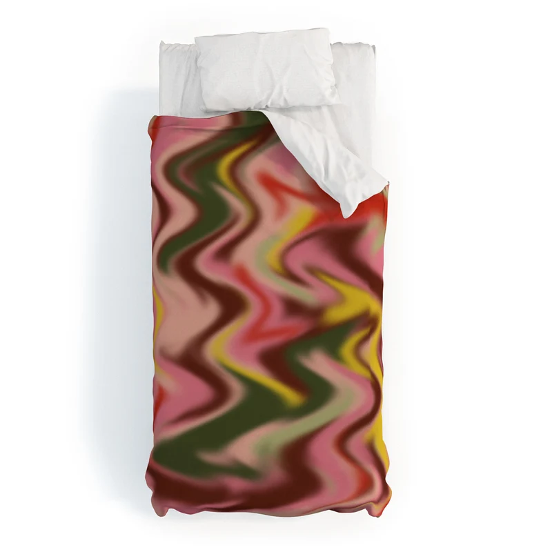 Groovy Abstract Waves in Pink Green Yellow and Red Duvet Cover