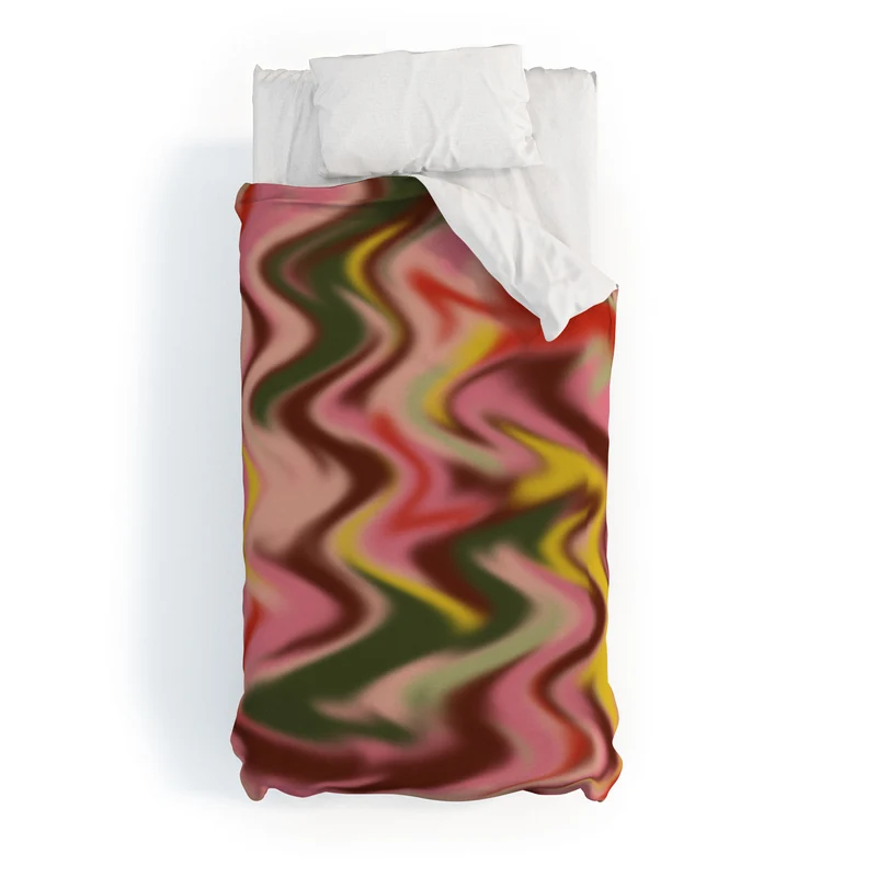 Groovy Abstract Waves in Pink Green Yellow and Red Duvet Cover