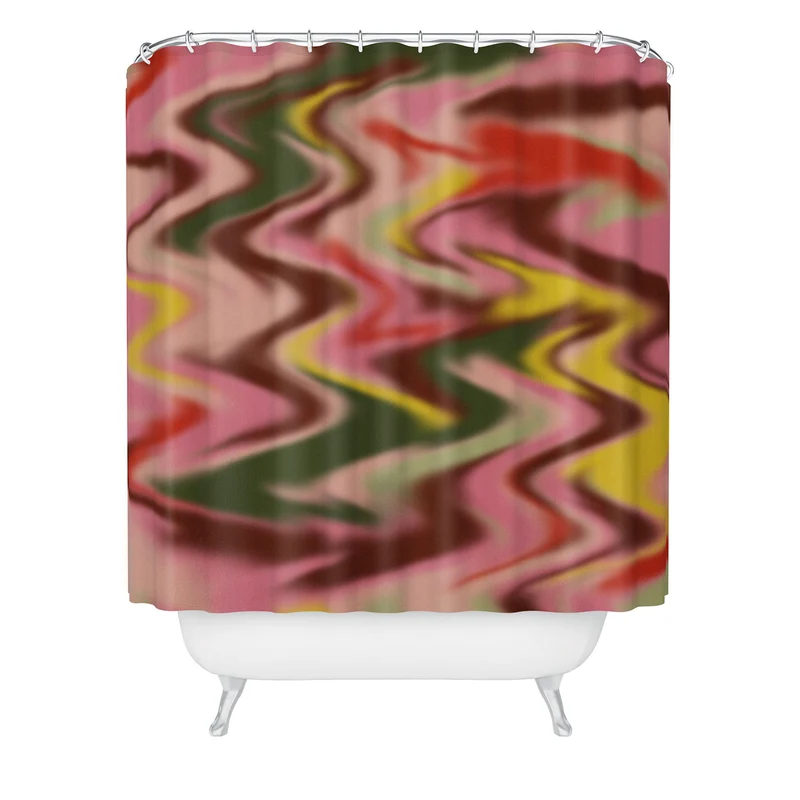 Groovy Abstract Waves in Pink Green Yellow and Red Shower Curtain