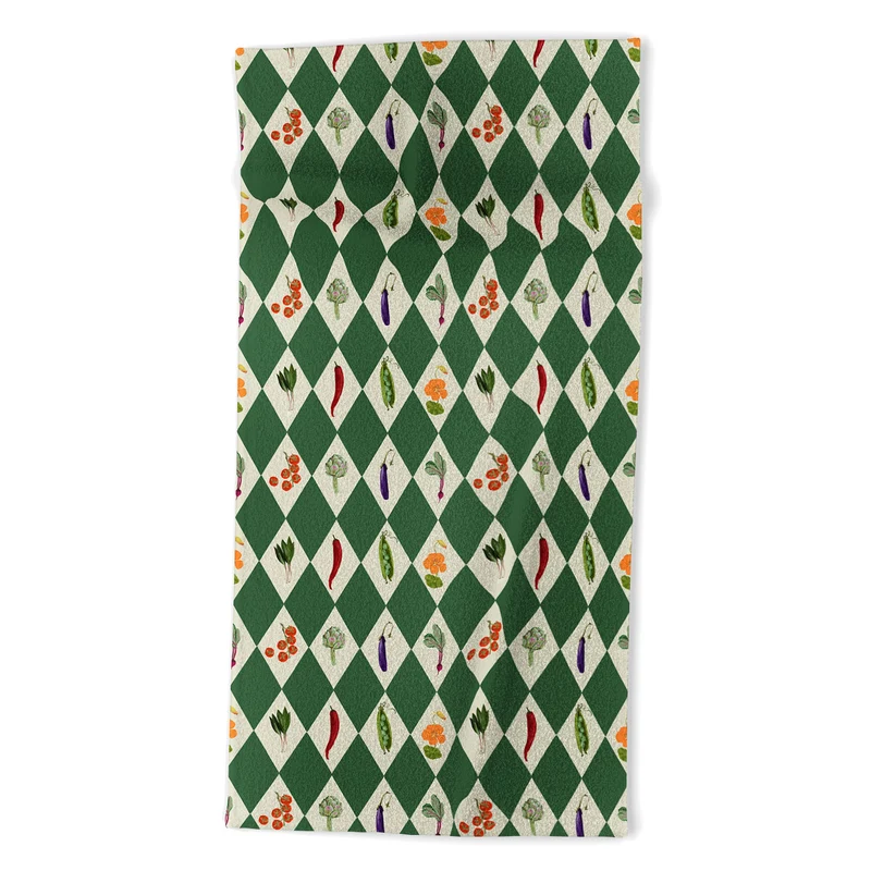 Vegetable Garden Dark Green Harlequin Pattern Bath Towel
