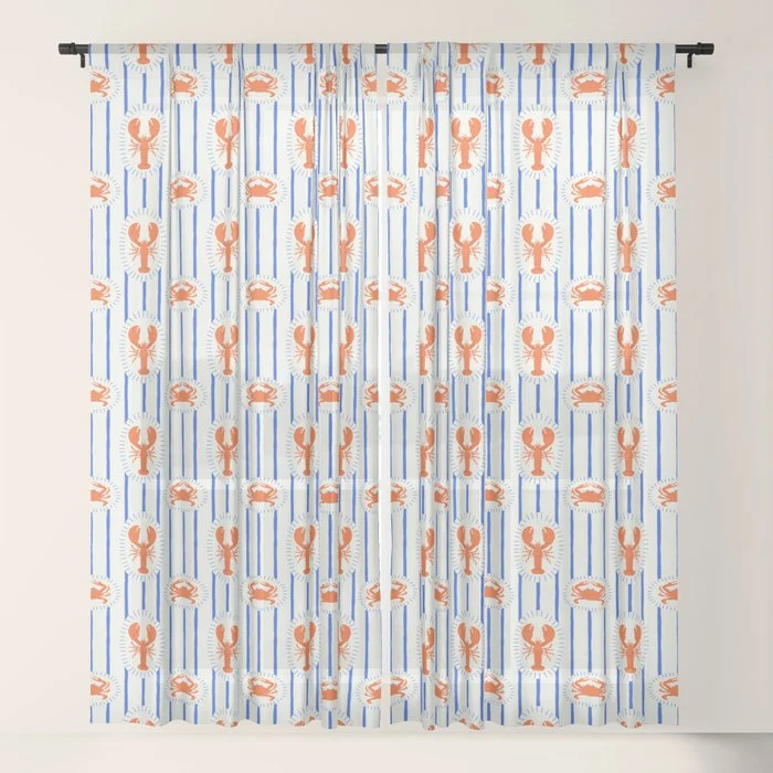 Vintage lobster crab stripe art pattern Window Curtain