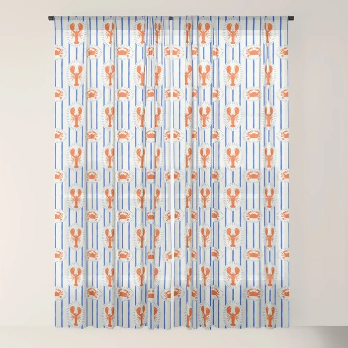 Vintage lobster crab stripe art pattern Window Curtain