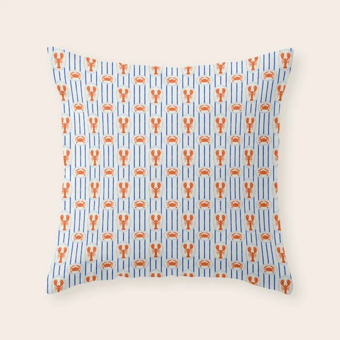 Vintage lobster crab stripe art pattern Throw Pillow