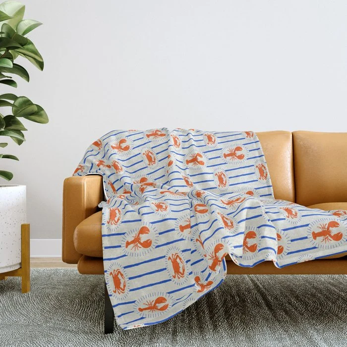 Vintage lobster crab stripe art pattern Throw Blanket