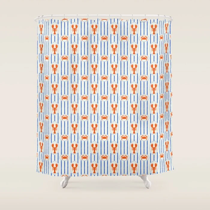 Vintage lobster crab stripe art pattern Shower Curtain