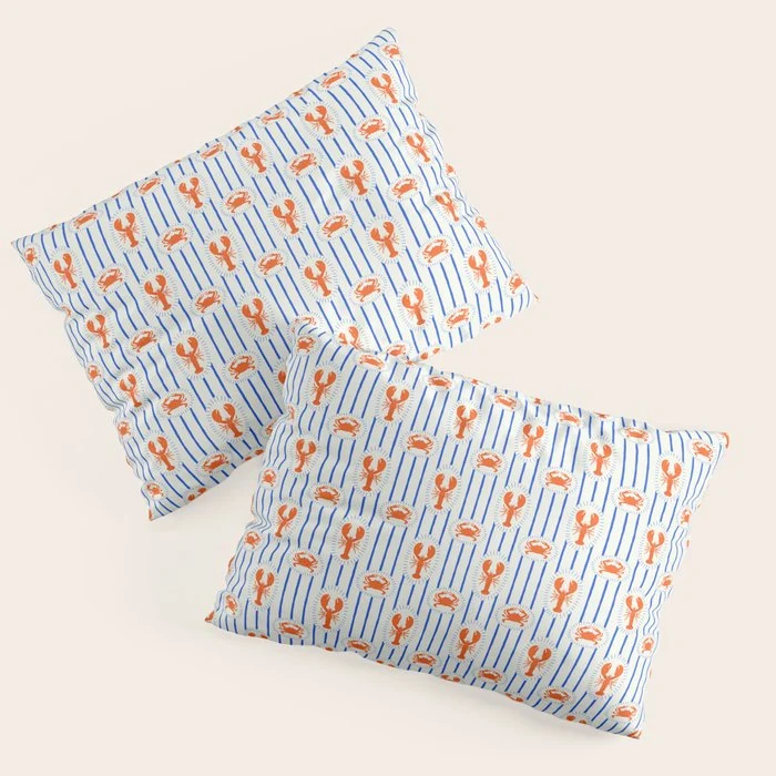 Vintage lobster crab stripe art pattern Pillow Sham
