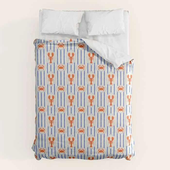 Vintage lobster crab stripe art pattern Duvet Cover