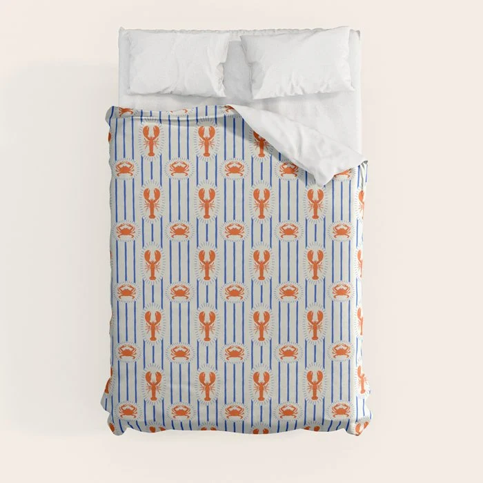 Vintage lobster crab stripe art pattern Duvet Cover