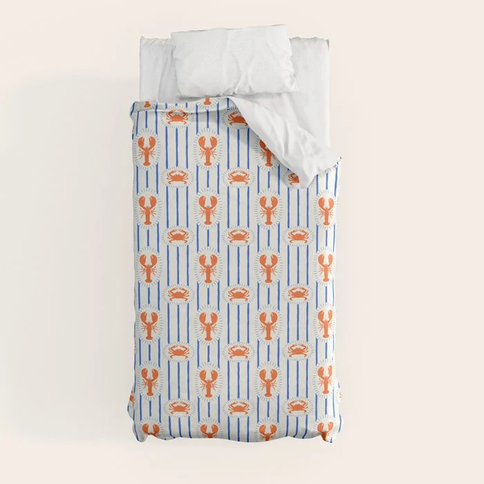 Vintage lobster crab stripe art pattern Duvet Cover