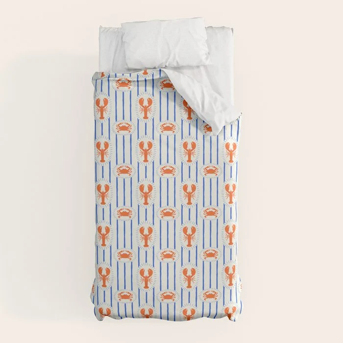 Vintage lobster crab stripe art pattern Duvet Cover