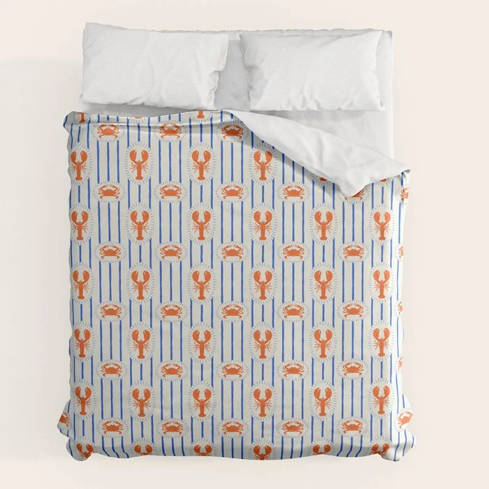 Vintage lobster crab stripe art pattern Duvet Cover