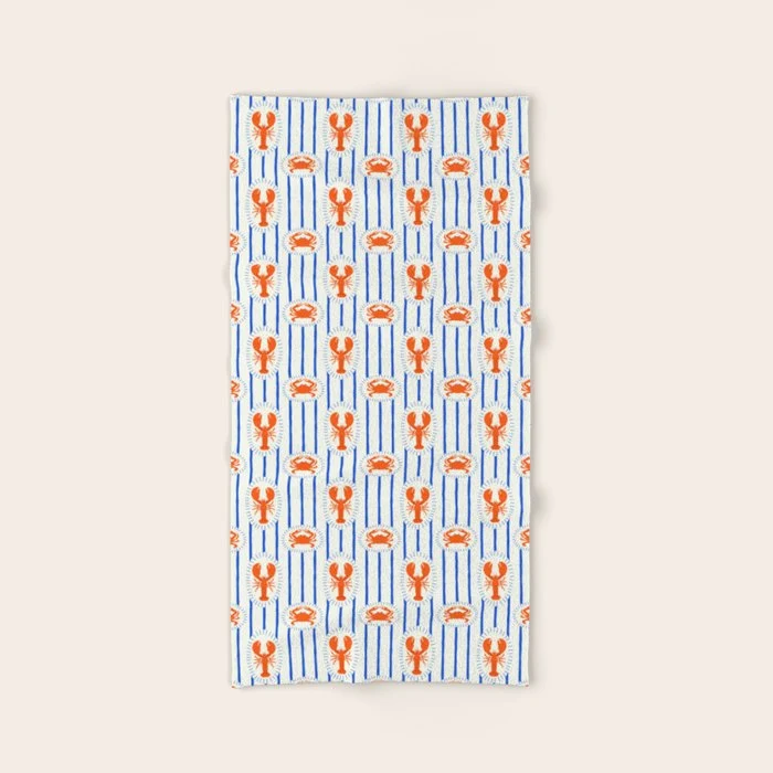 Vintage lobster crab stripe art pattern Bath Towel