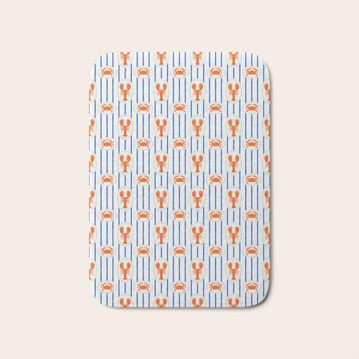 Vintage lobster crab stripe art pattern Bath Mat