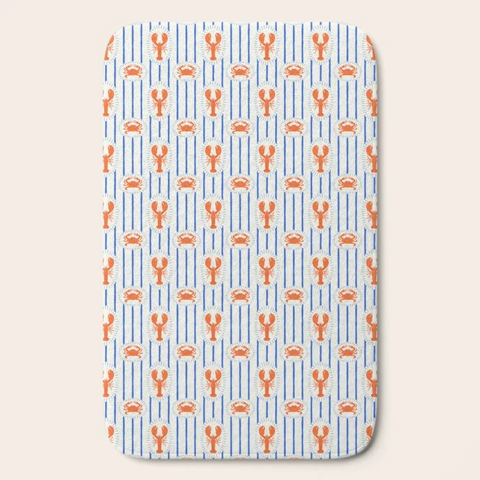 Vintage lobster crab stripe art pattern Bath Mat