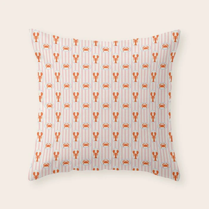 Vintage lobster crab stripe art pattern Throw Pillow