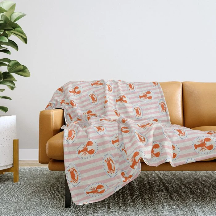 Vintage lobster crab stripe art pattern Throw Blanket