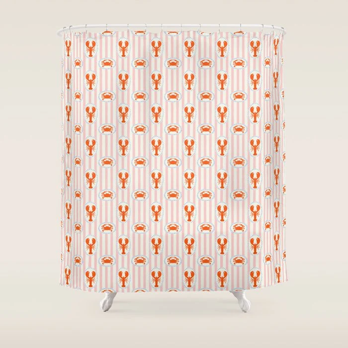 Vintage lobster crab stripe art pattern Shower Curtain