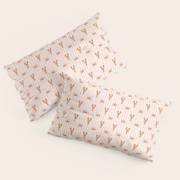 Vintage lobster crab stripe art pattern Pillow Sham