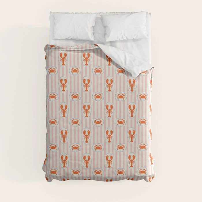 Vintage lobster crab stripe art pattern Duvet Cover