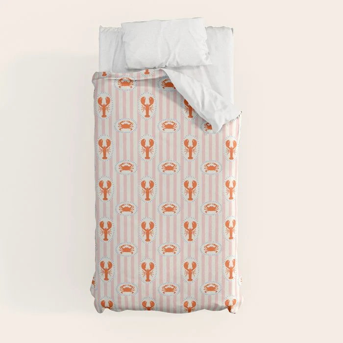 Vintage lobster crab stripe art pattern Duvet Cover