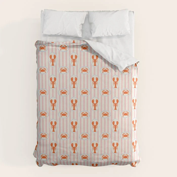 Vintage lobster crab stripe art pattern Duvet Cover