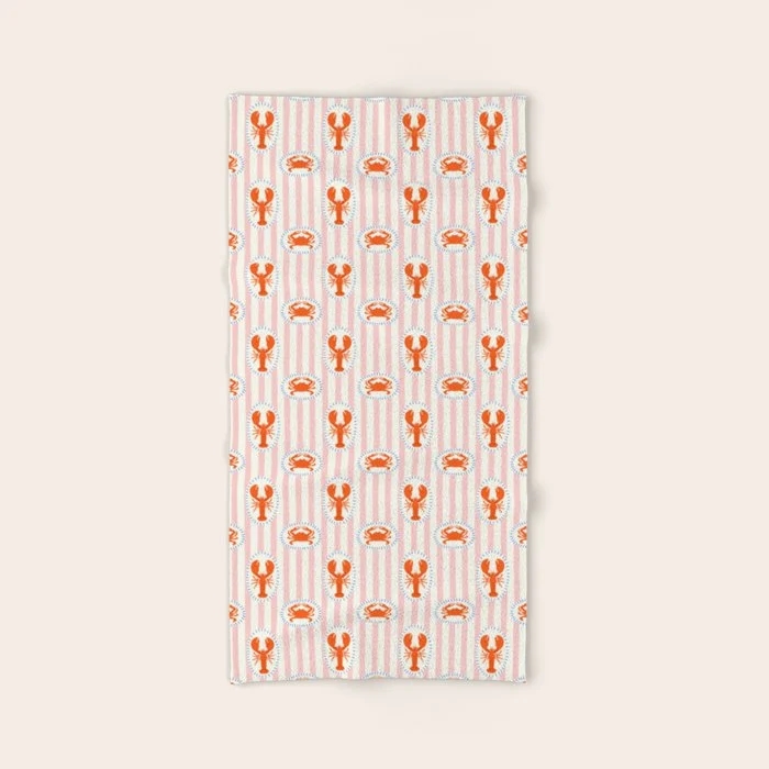 Vintage lobster crab stripe art pattern Bath Towel