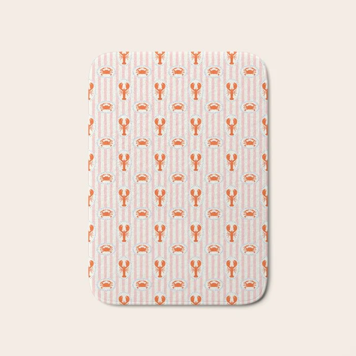 Vintage lobster crab stripe art pattern Bath Mat