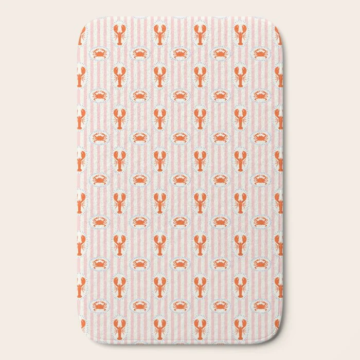 Vintage lobster crab stripe art pattern Bath Mat