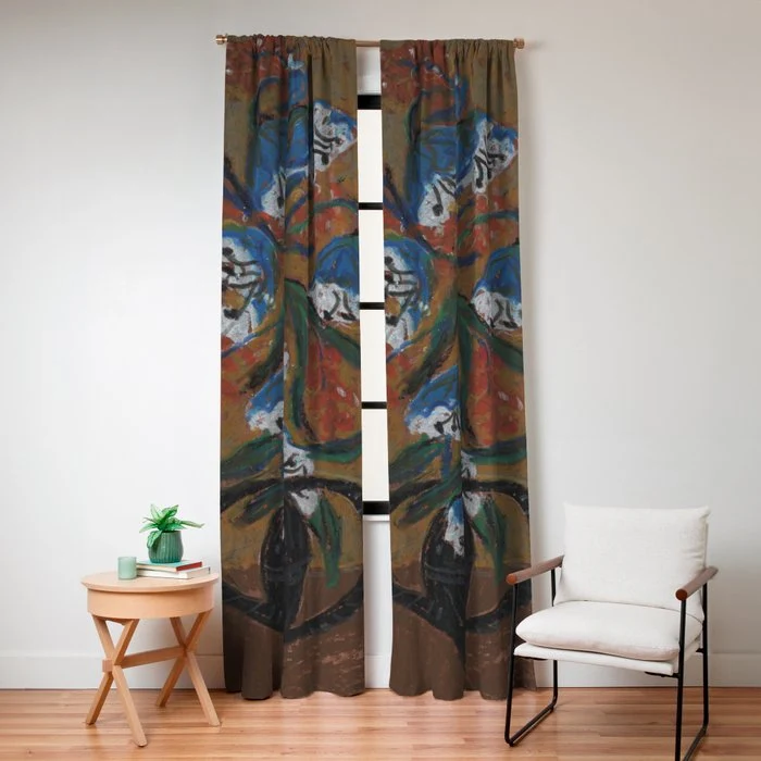 Blue Bell Flowers in Black Basket Whimsical Floral Still Life Folk Art Botanical Painting Window Curtain