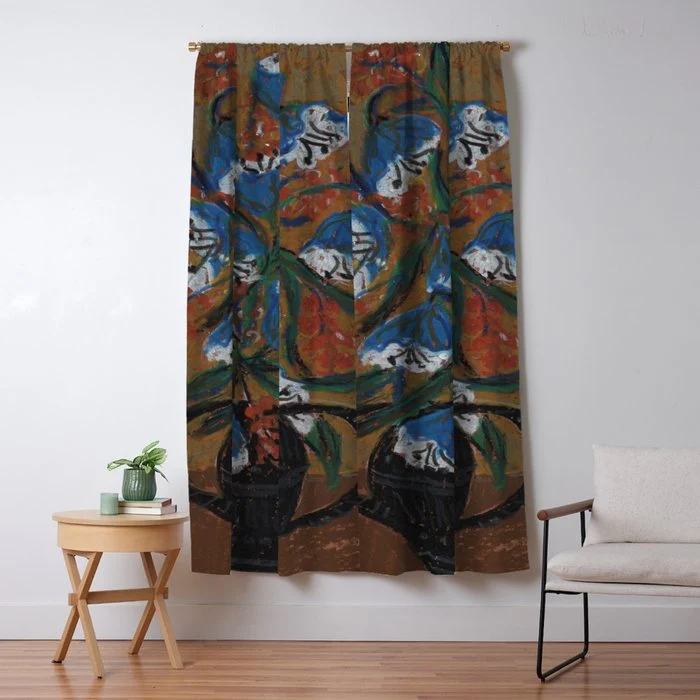 Blue Bell Flowers in Black Basket Whimsical Floral Still Life Folk Art Botanical Painting Window Curtain