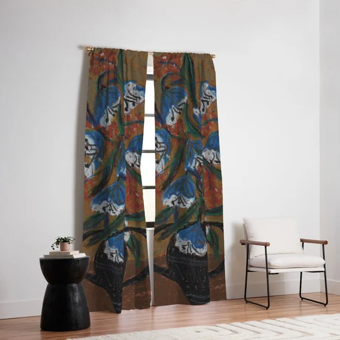 Blue Bell Flowers in Black Basket Whimsical Floral Still Life Folk Art Botanical Painting Window Curtain