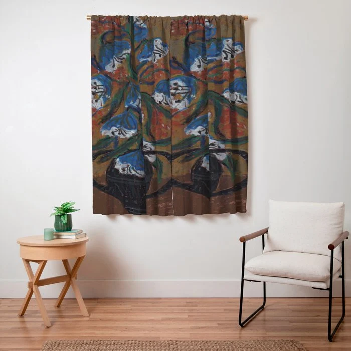 Blue Bell Flowers in Black Basket Whimsical Floral Still Life Folk Art Botanical Painting Window Curtain