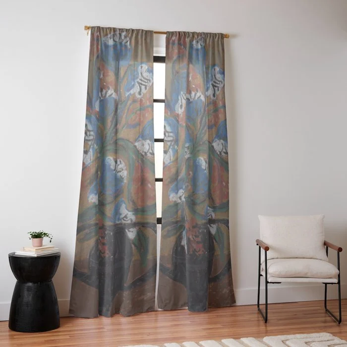 Blue Bell Flowers in Black Basket Whimsical Floral Still Life Folk Art Botanical Painting Window Curtain