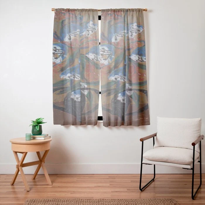 Blue Bell Flowers in Black Basket Whimsical Floral Still Life Folk Art Botanical Painting Window Curtain