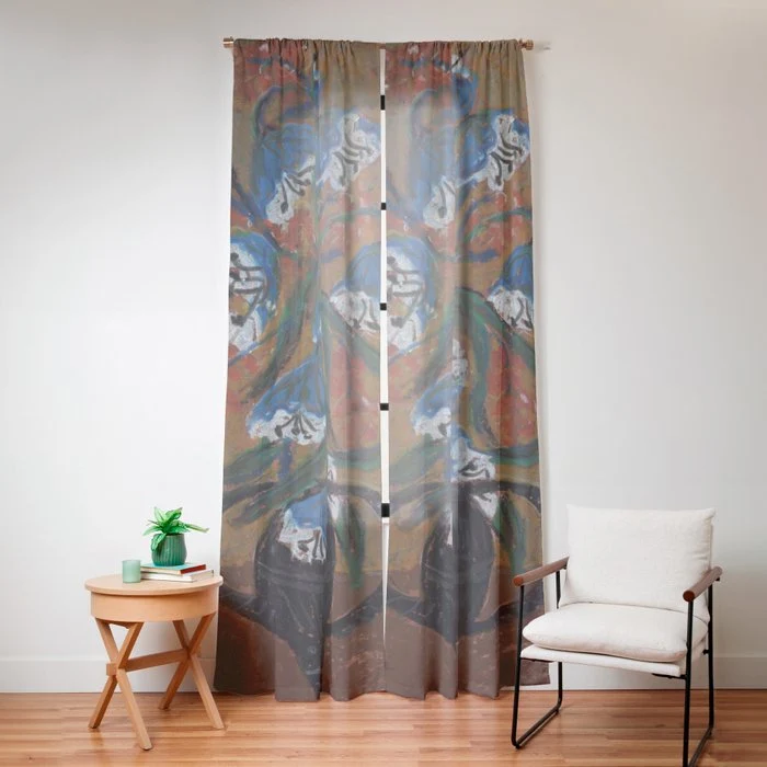 Blue Bell Flowers in Black Basket Whimsical Floral Still Life Folk Art Botanical Painting Window Curtain