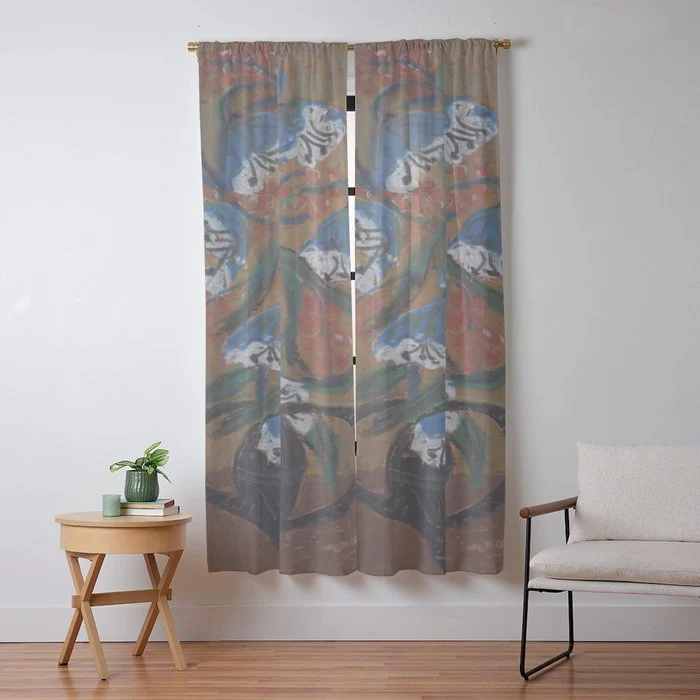 Blue Bell Flowers in Black Basket Whimsical Floral Still Life Folk Art Botanical Painting Window Curtain