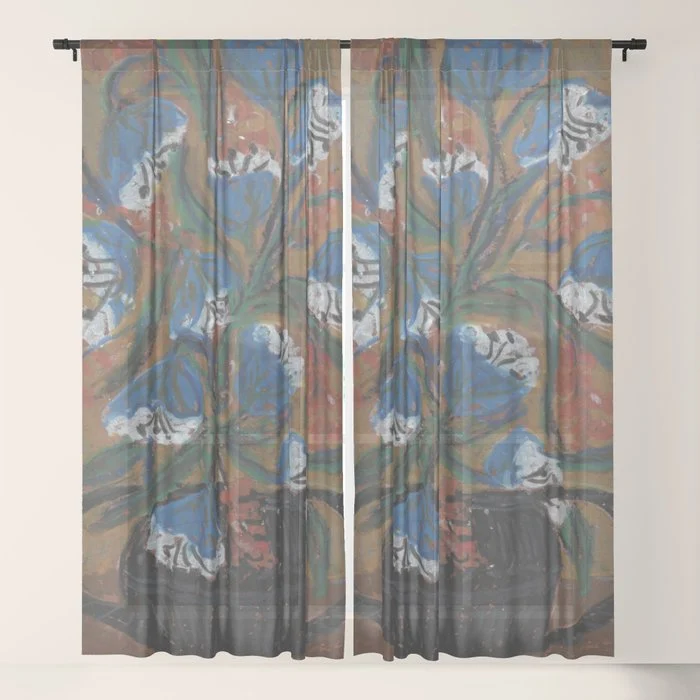 Blue Bell Flowers in Black Basket Whimsical Floral Still Life Folk Art Botanical Painting Window Curtain