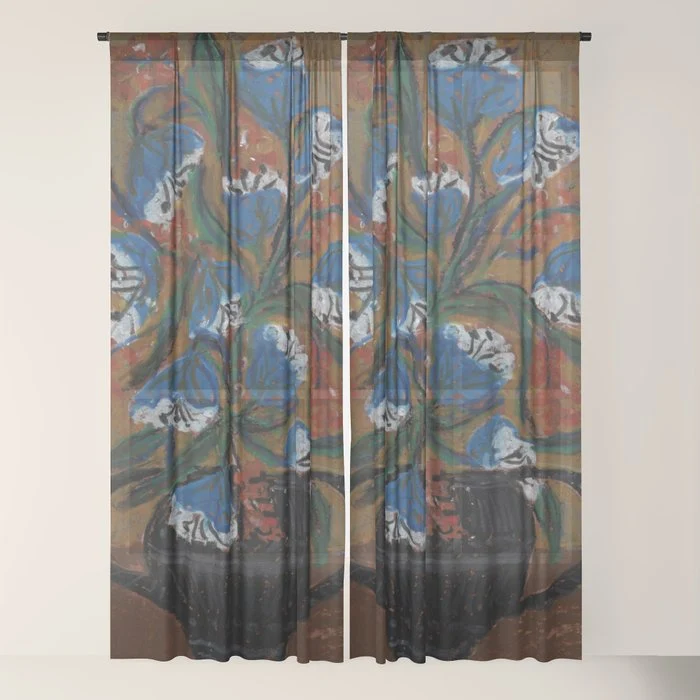 Blue Bell Flowers in Black Basket Whimsical Floral Still Life Folk Art Botanical Painting Window Curtain