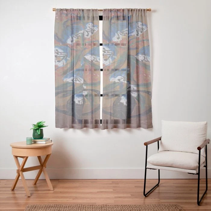 Blue Bell Flowers in Black Basket Whimsical Floral Still Life Folk Art Botanical Painting Window Curtain