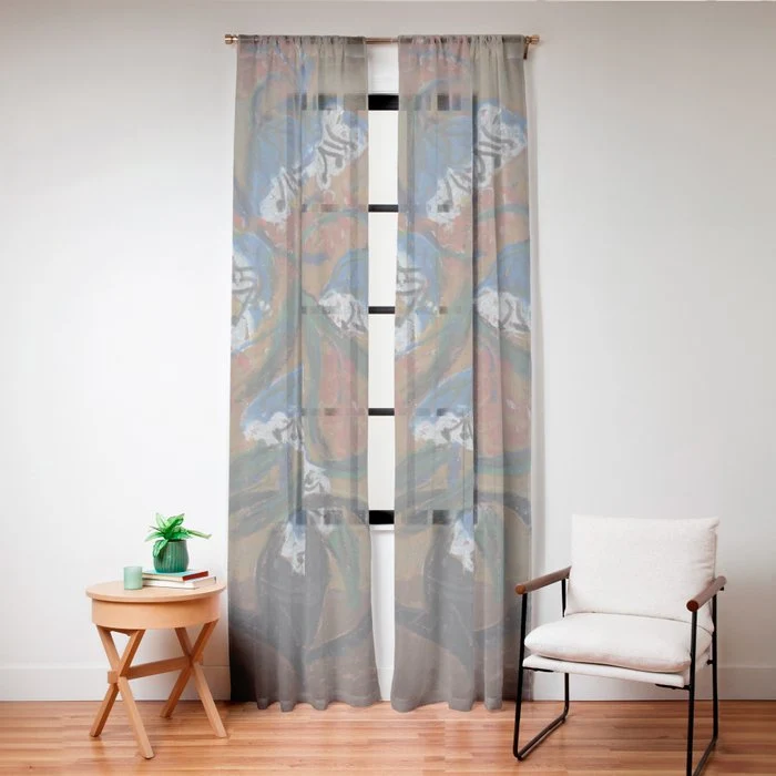 Blue Bell Flowers in Black Basket Whimsical Floral Still Life Folk Art Botanical Painting Window Curtain