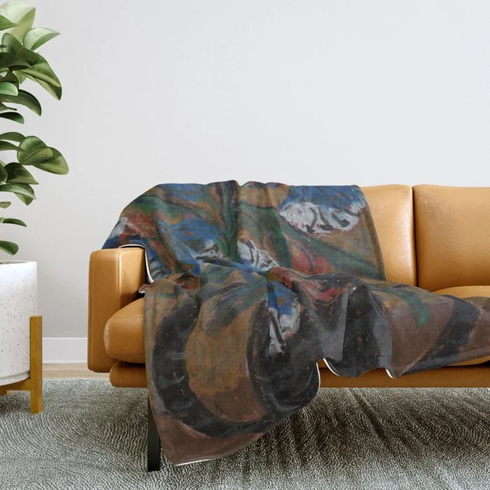 Blue Bell Flowers in Black Basket Whimsical Floral Still Life Folk Art Botanical Painting Throw Blanket