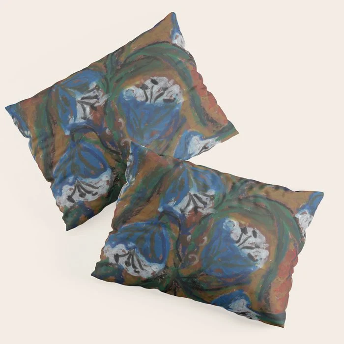 Blue Bell Flowers in Black Basket Whimsical Floral Still Life Folk Art Botanical Painting Pillow Sham