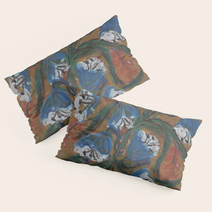 Blue Bell Flowers in Black Basket Whimsical Floral Still Life Folk Art Botanical Painting Pillow Sham