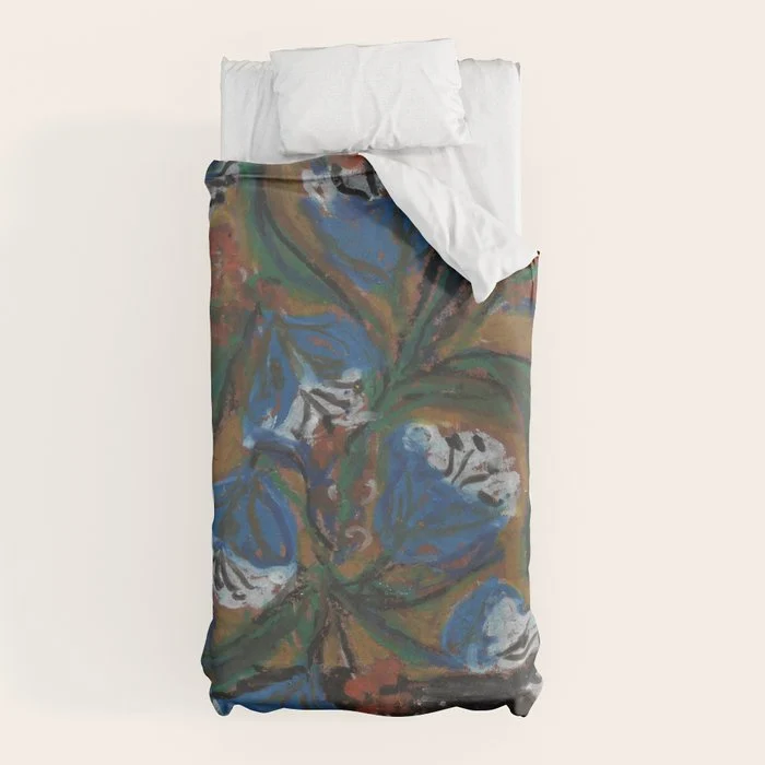 Blue Bell Flowers in Black Basket Whimsical Floral Still Life Folk Art Botanical Painting Duvet Cover