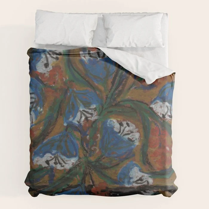 Blue Bell Flowers in Black Basket Whimsical Floral Still Life Folk Art Botanical Painting Duvet Cover
