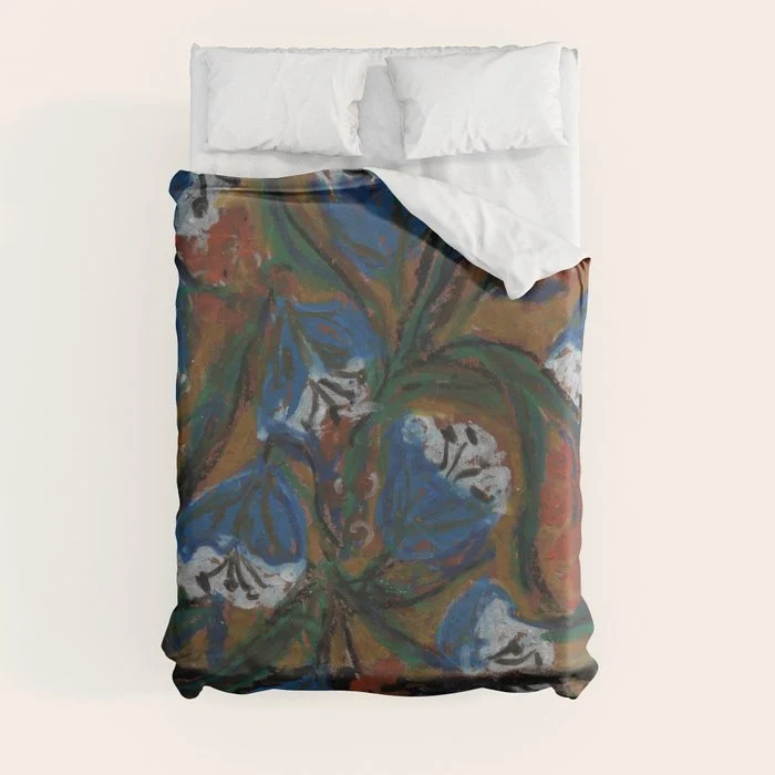 Blue Bell Flowers in Black Basket Whimsical Floral Still Life Folk Art Botanical Painting Duvet Cover