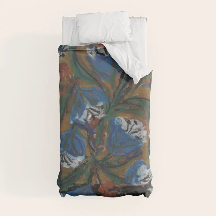 Blue Bell Flowers in Black Basket Whimsical Floral Still Life Folk Art Botanical Painting Duvet Cover