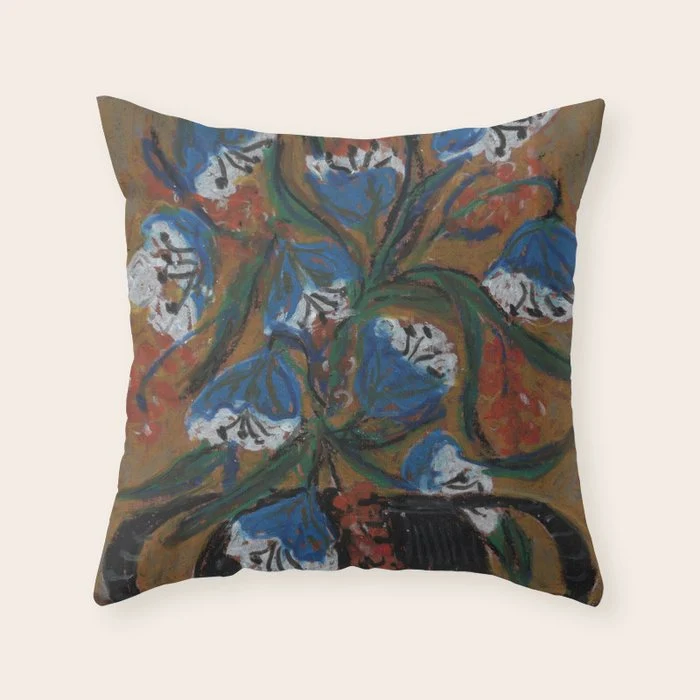 Blue Bell Flowers in Black Basket Whimsical Floral Still Life Folk Art Botanical Painting Throw Pillow